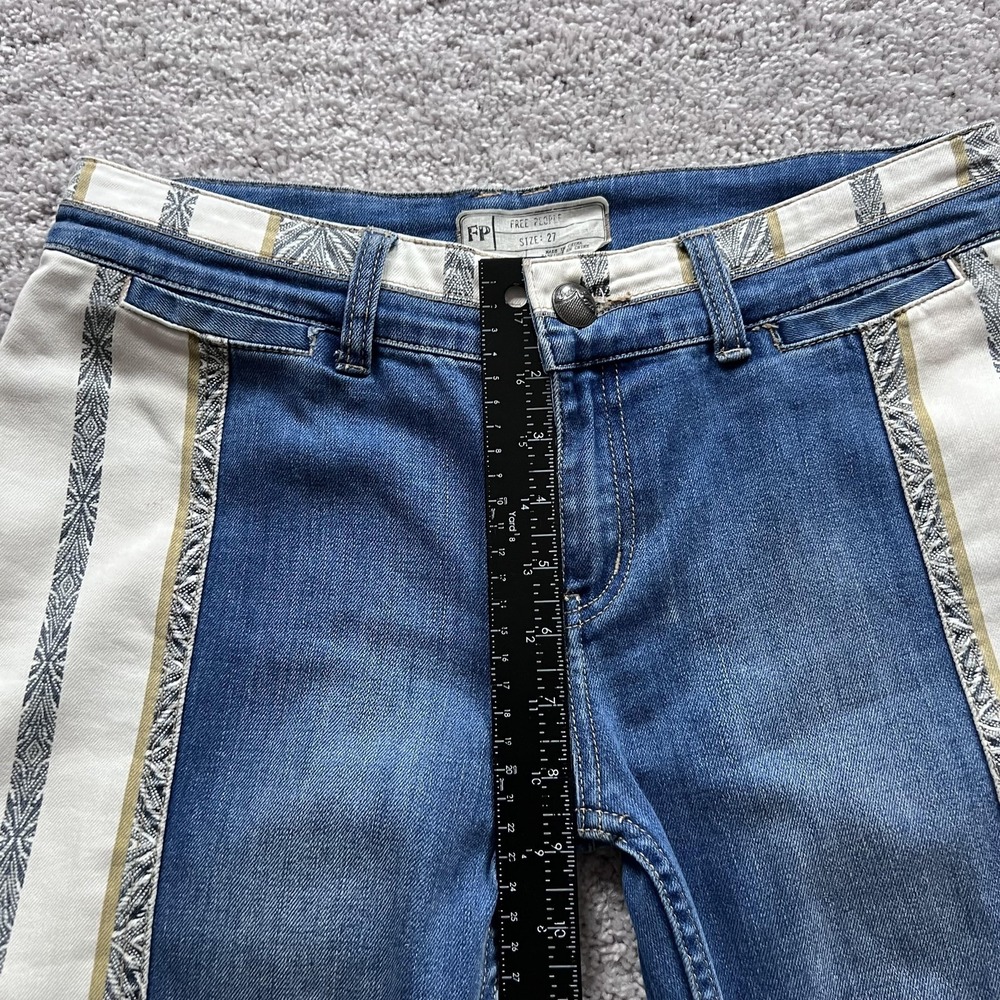 Free People Danica Boho Stripe Flare Jeans Womens 27 Blue Mid Rise‎ Raw Hem - Picture 12 of 16